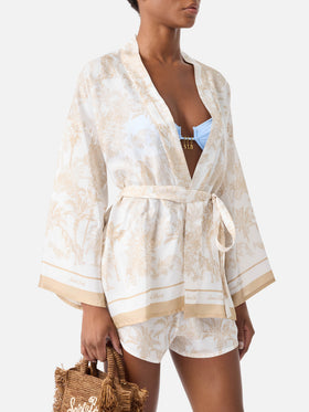 Kimono court Carly en soie avec imprimé toile de Jouy 