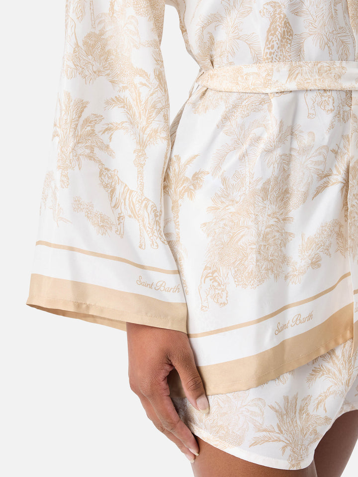 Short Carly kimono in silk with toile de Jouy print