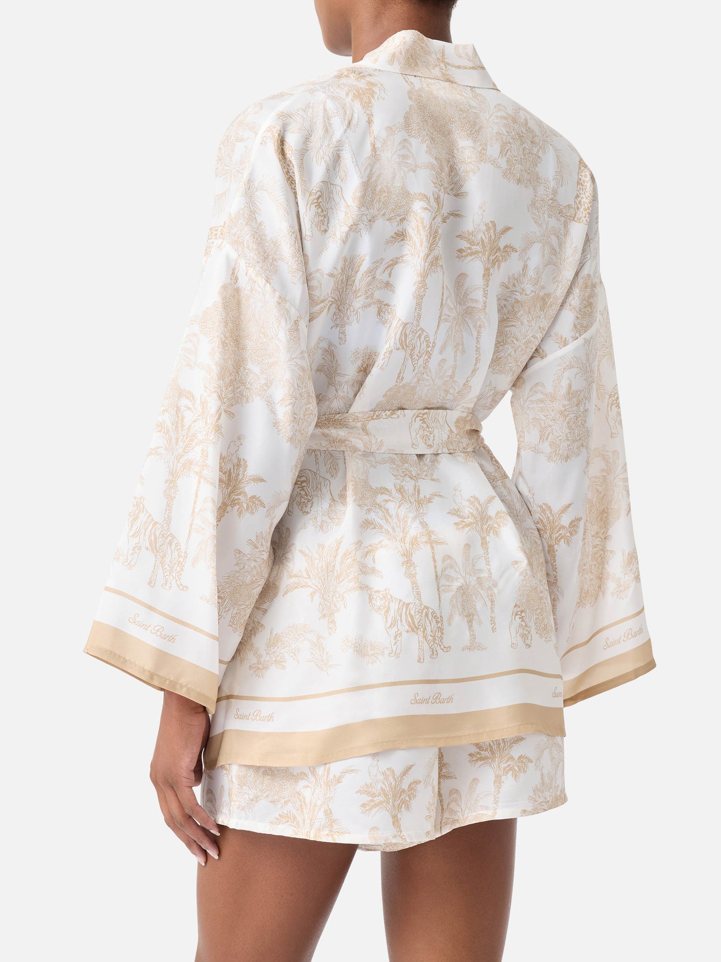 Kimono court Carly en soie avec imprimé toile de Jouy 