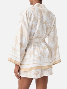 Kimono court Carly en soie avec imprimé toile de Jouy 
