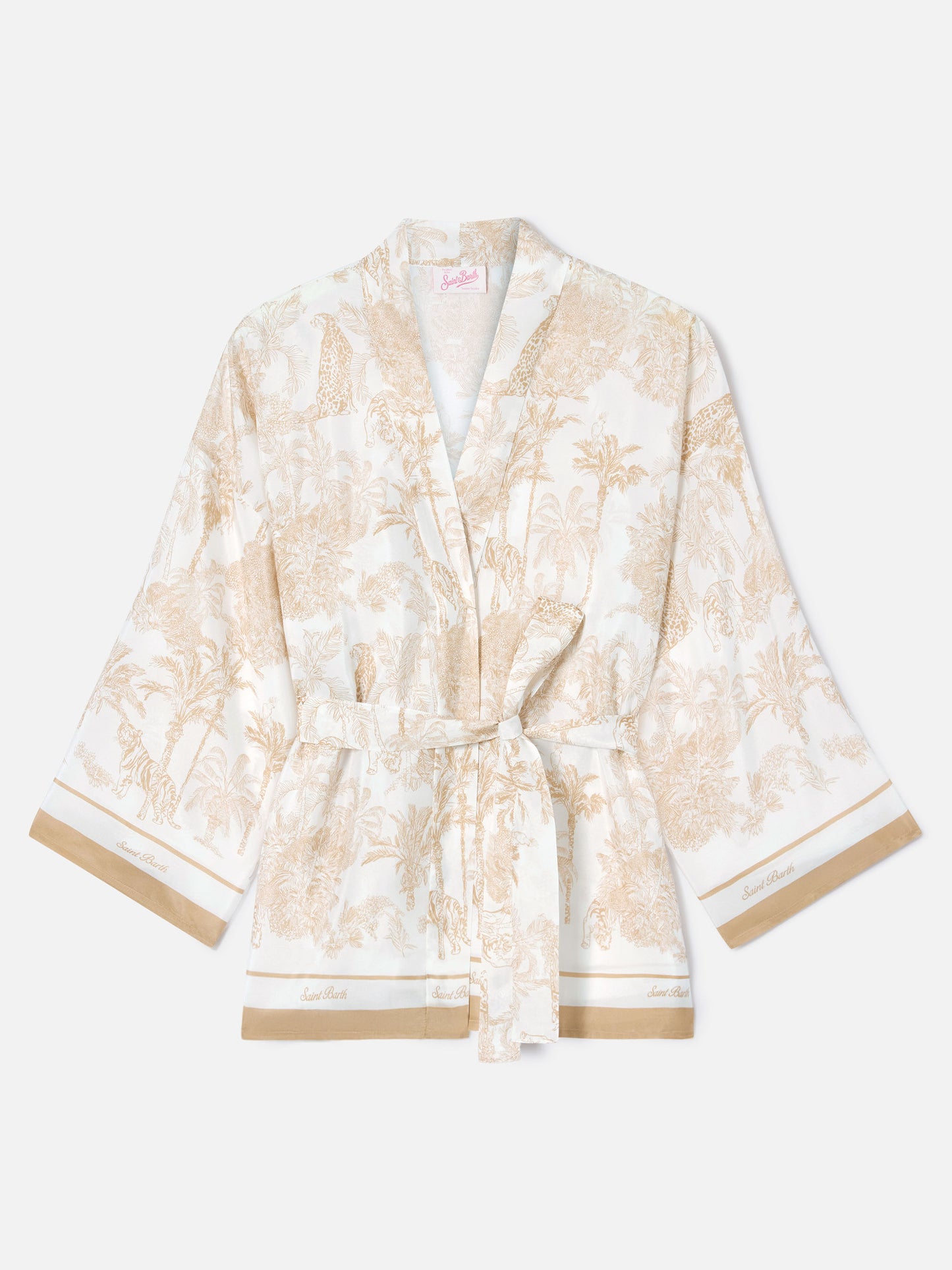 Kimono court Carly en soie avec imprimé toile de Jouy 