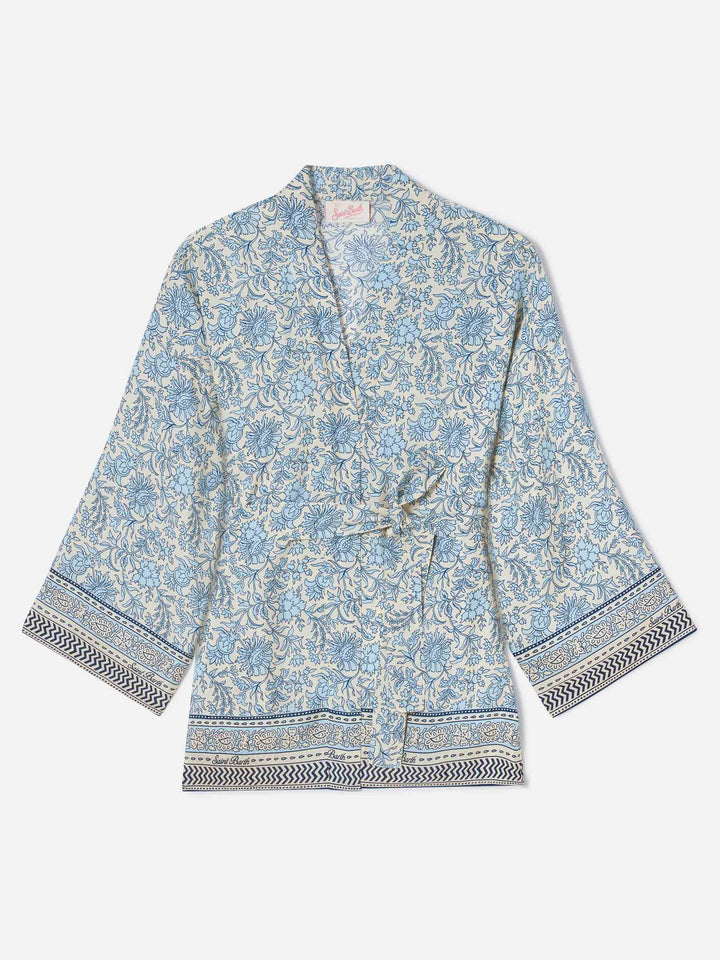 Short Carly kimono in silk with floral batik print