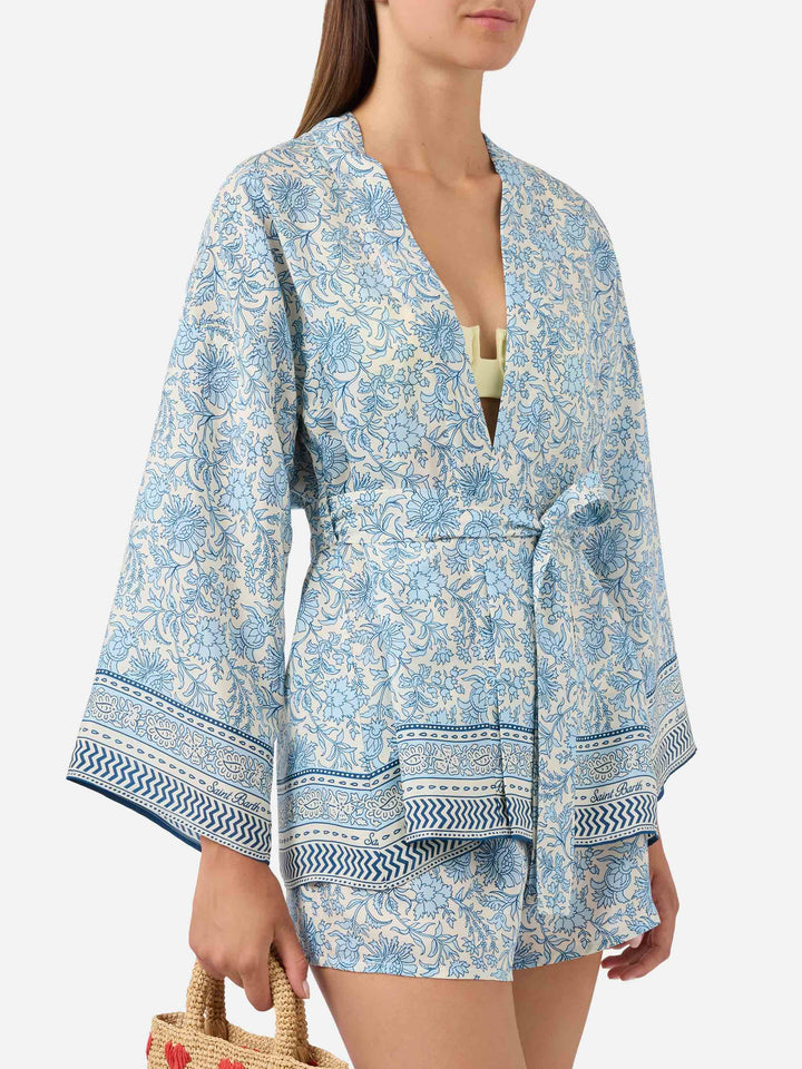 Kurzer Carly-Kimono aus Seide mit floralem Batik-Print 