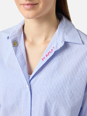 Light blue striped seersucker Cristal shirt with embroidery
