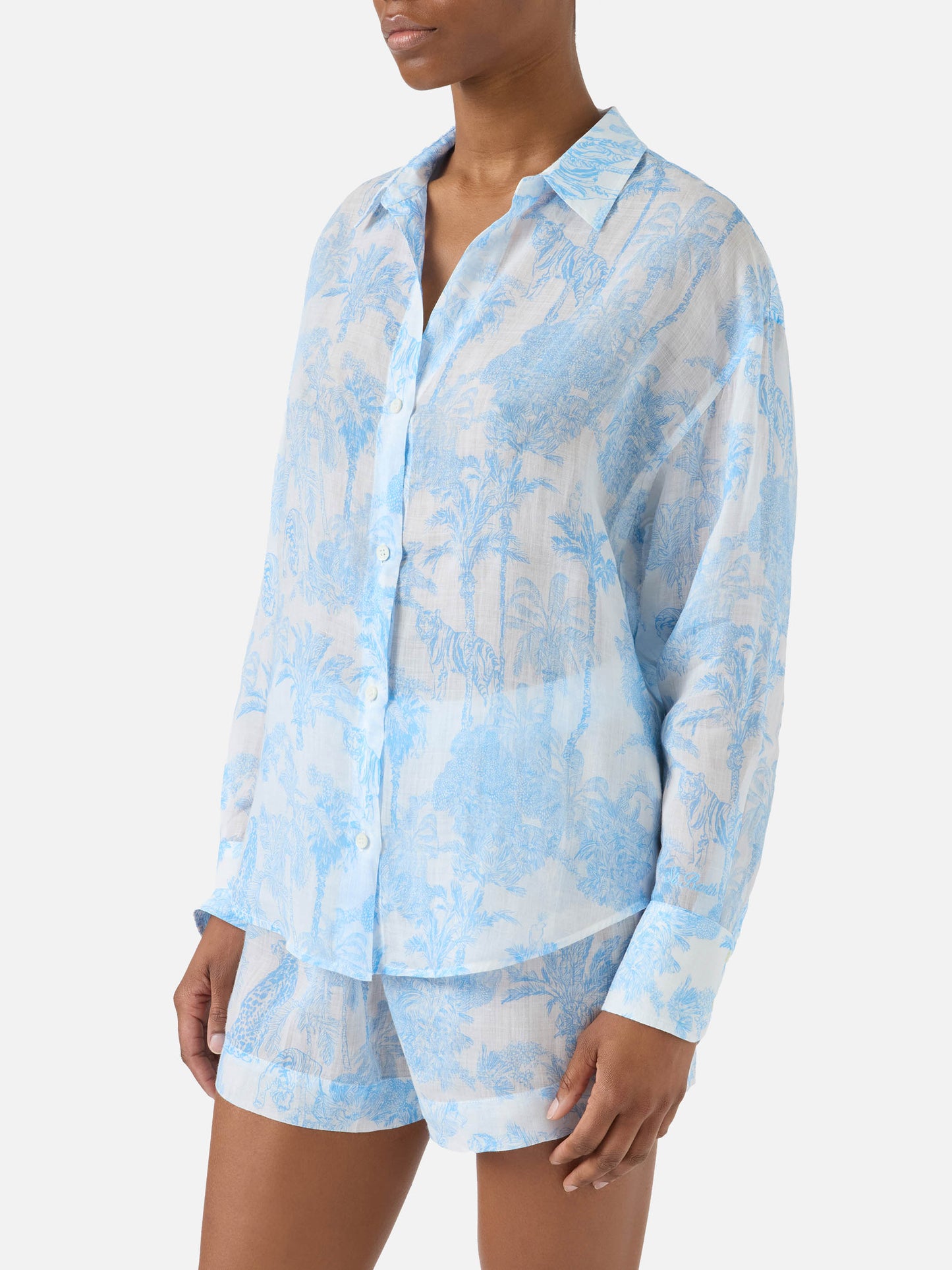 Camicia Cristal in ramie con stampa toile de jouy azzurra