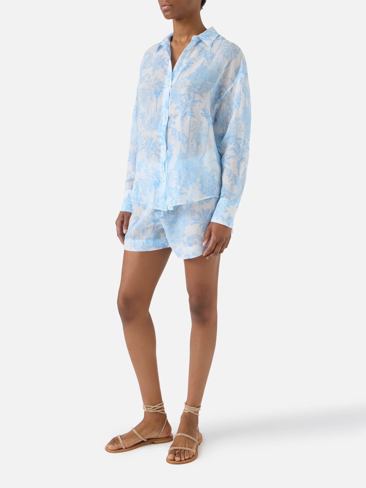 Camicia Cristal in ramie con stampa toile de jouy azzurra