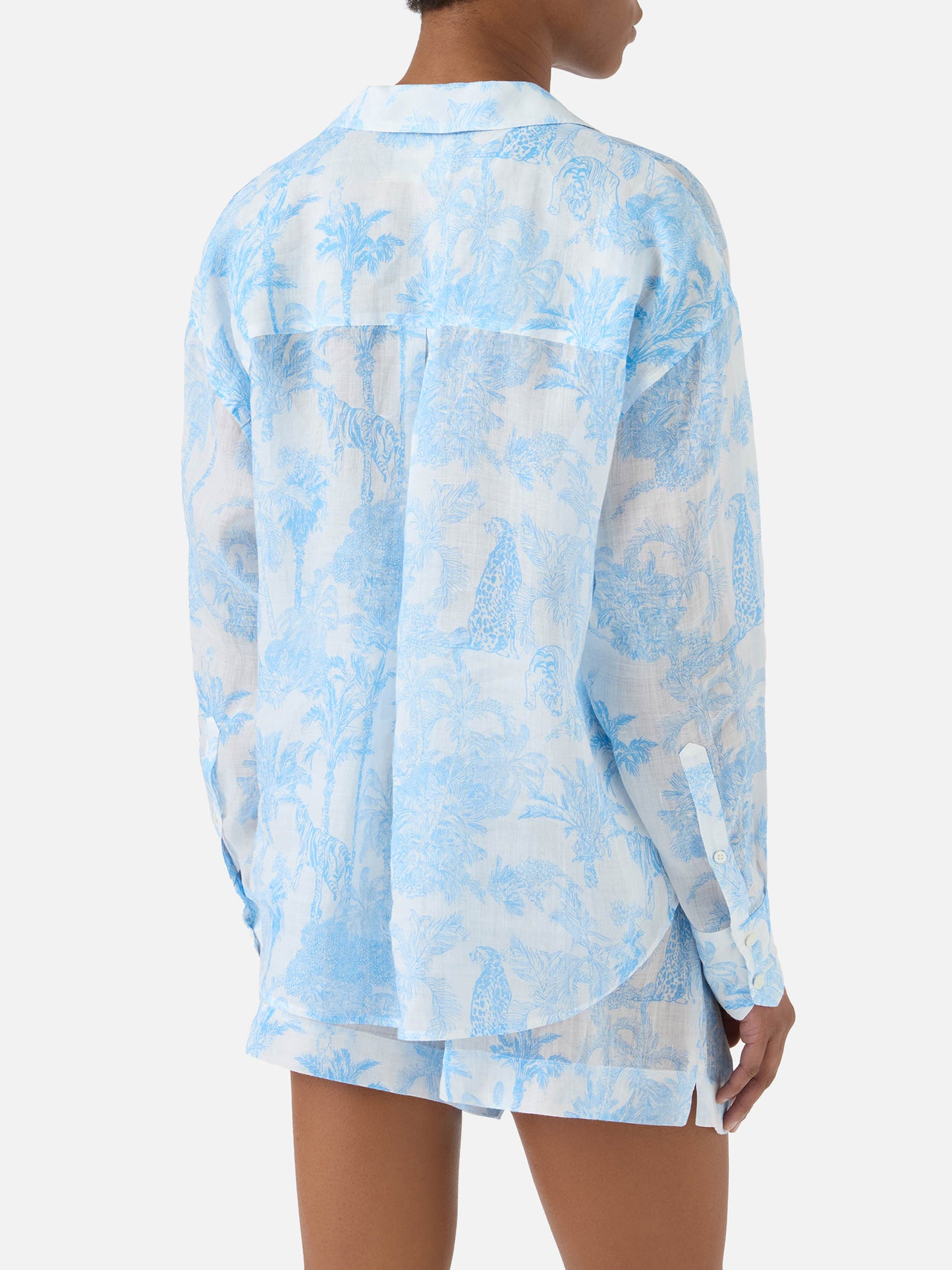 Camicia Cristal in ramie con stampa toile de jouy azzurra