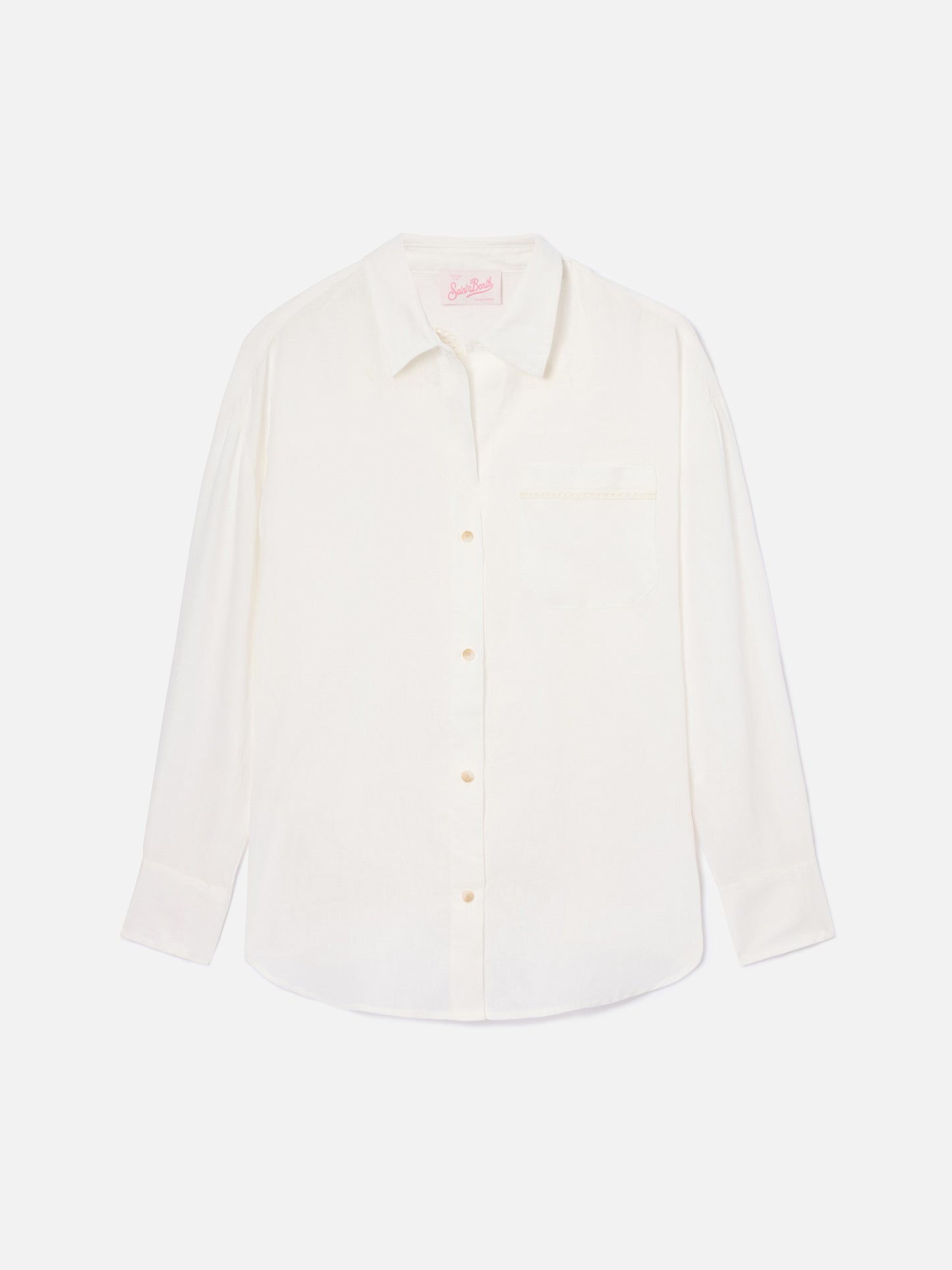 White linen Cristal shirt with perforated Saint Barth embroidery