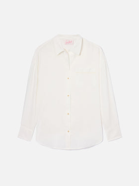 White linen Cristal shirt with perforated Saint Barth embroidery