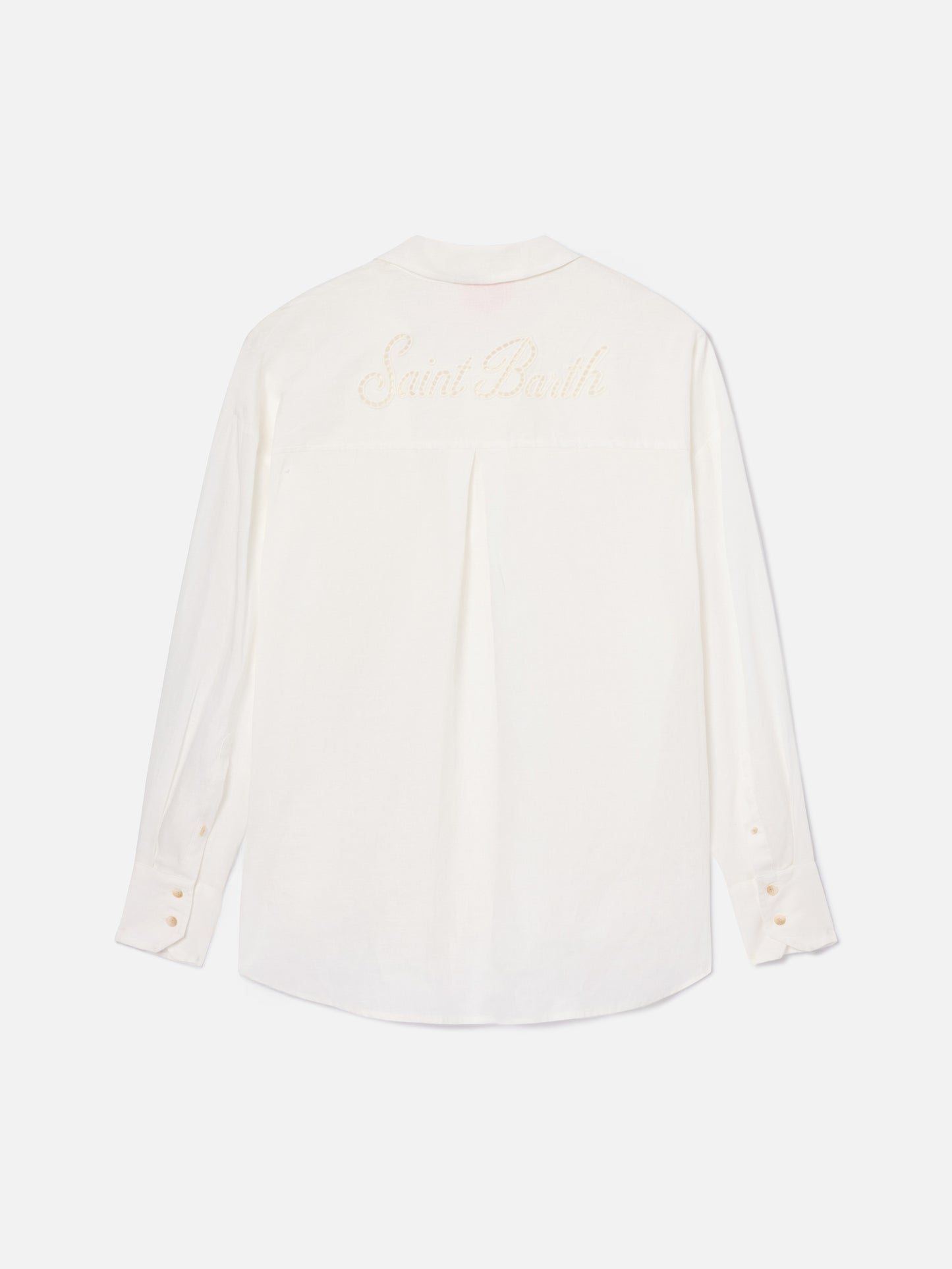 White linen Cristal shirt with perforated Saint Barth embroidery