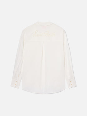 White linen Cristal shirt with perforated Saint Barth embroidery