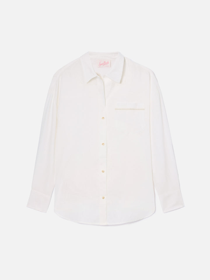 White linen Cristal shirt with perforated Saint Barth embroidery