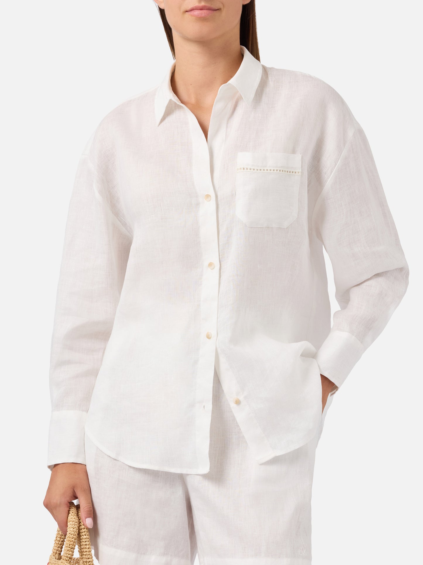 Chemise Cristal en lin blanc avec broderie Saint Barth perforée 