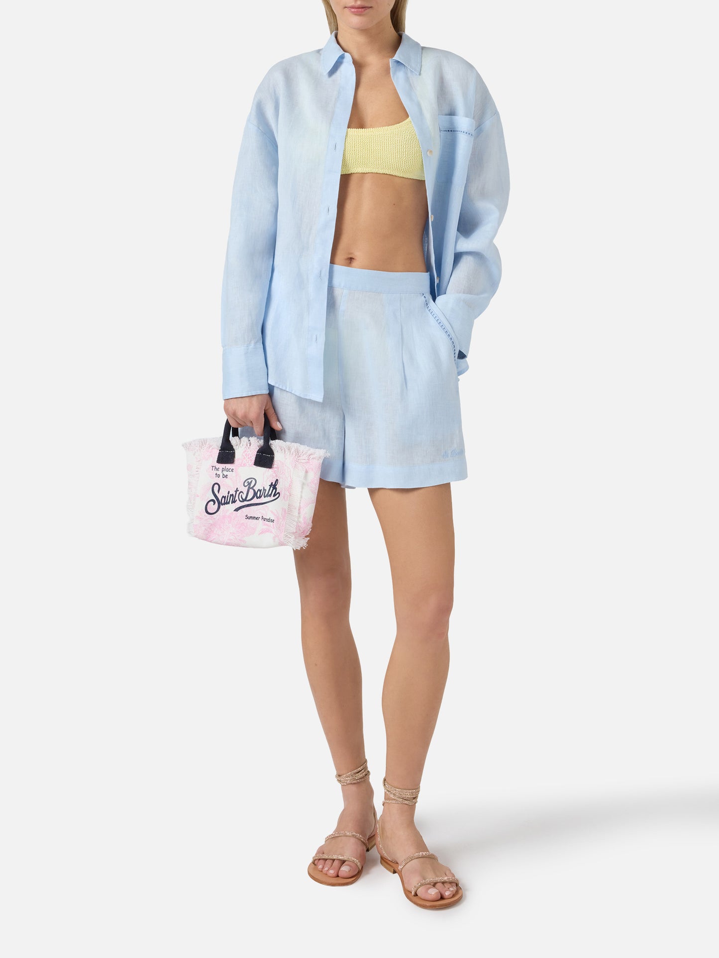 Camicia Cristal in lino azzurro con ricamo Saint Barth traforato
