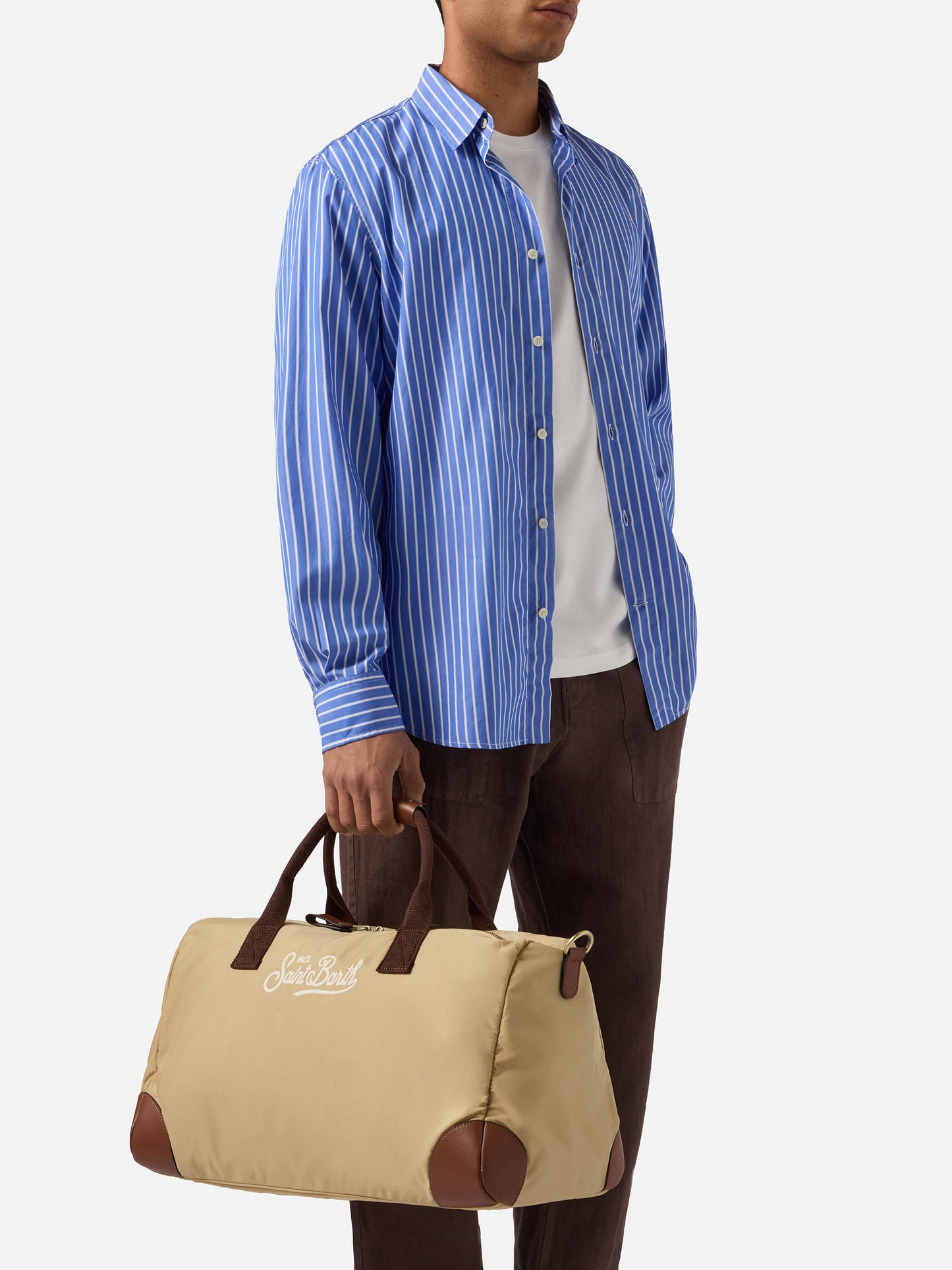 Daily beige nylon weekender with embroidered logo