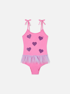 Costume intero Dancer con balza in tulle e cuori glitterati