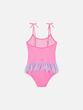 Costume intero Dancer con balza in tulle e cuori glitterati