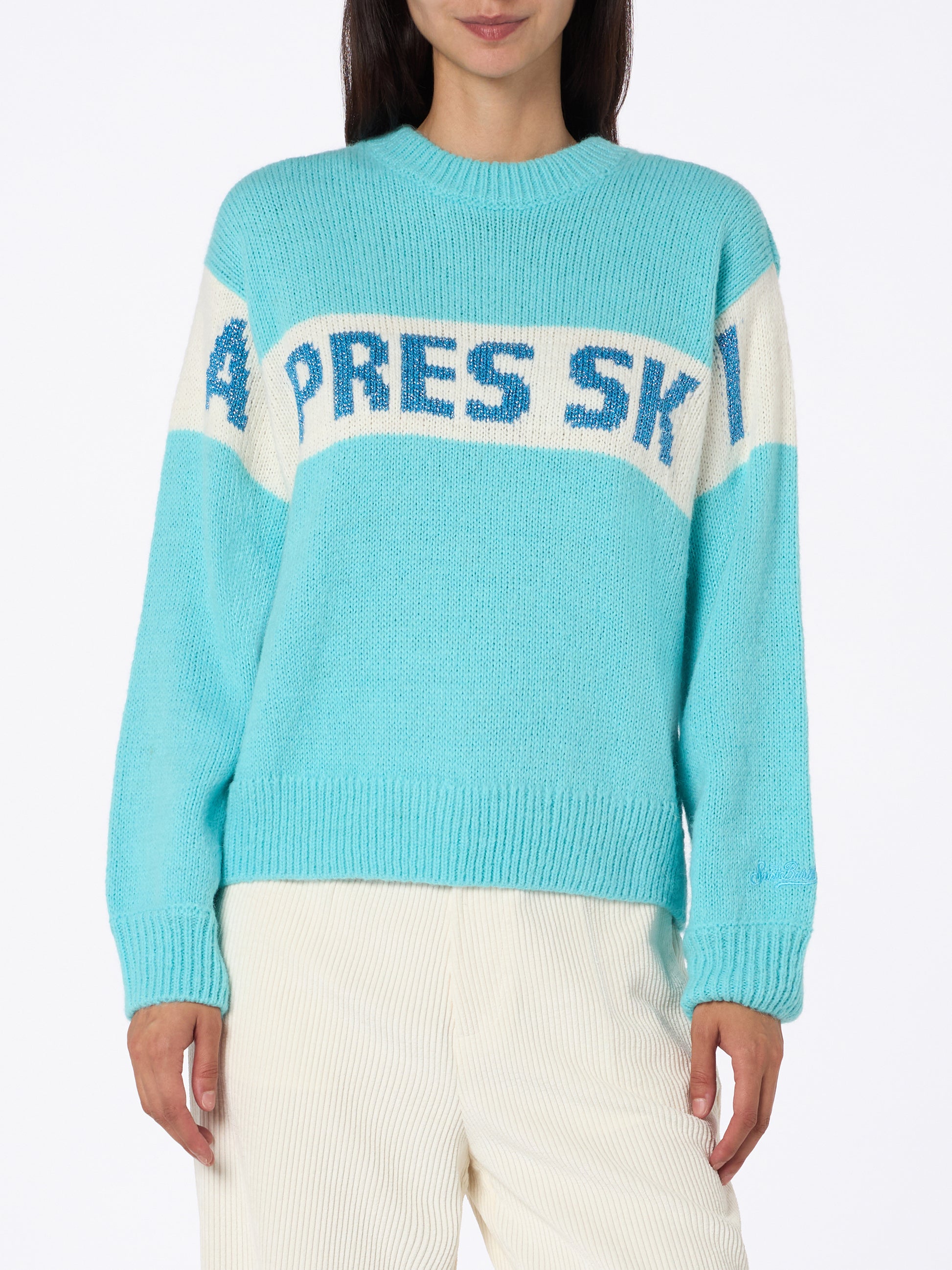 Woman light blue sweater Danya with Apres ski print - MC2 Saint Barth