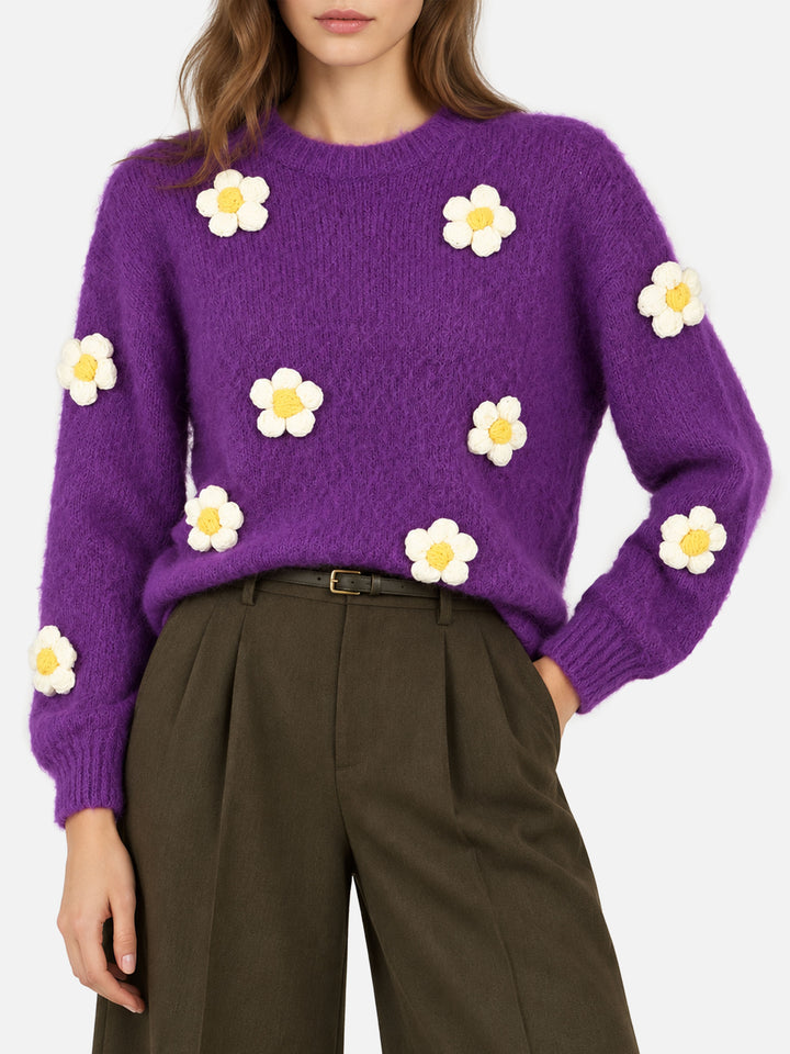 Purple Danya Soft crewneck sweater with daisy appliqués