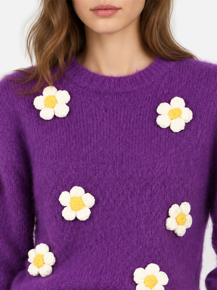 Purple Danya Soft crewneck sweater with daisy appliqués