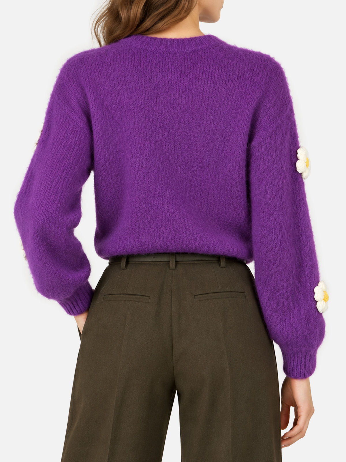 Suéter de cuello redondo Purple Danya Soft con aplicaciones de margaritas 