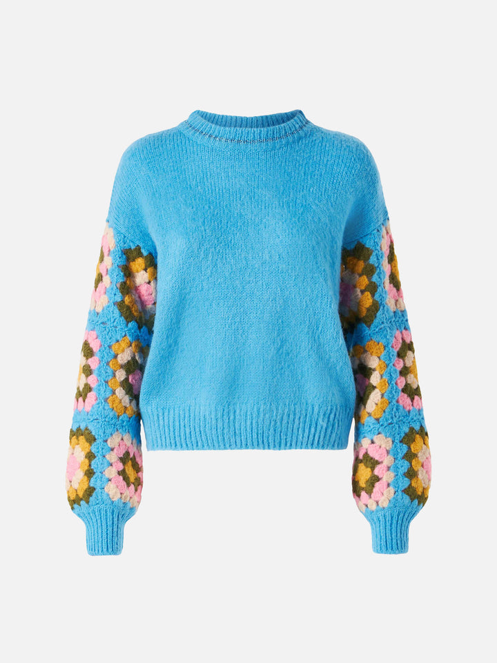 Ultra soft crewneck Danya Soft Crochet Jr with handmade crochet sleeves