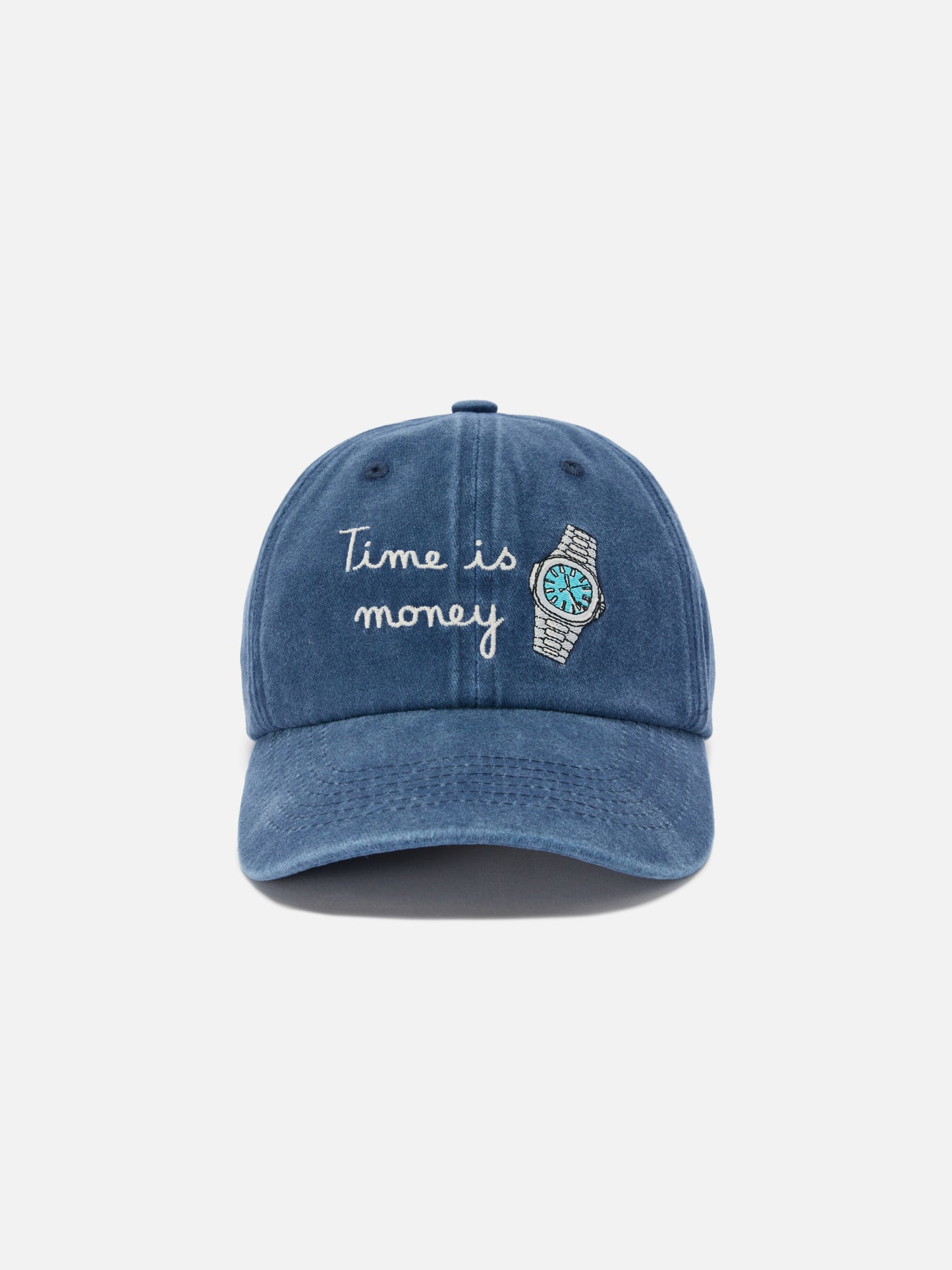Cappellino Davis con visiera in cotone blu e ricamo Time is money