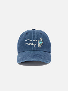 Cappellino Davis con visiera in cotone blu e ricamo Time is money
