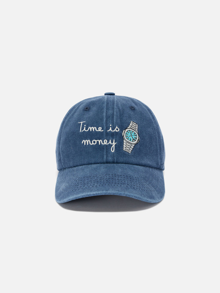 Cappellino Davis con visiera in cotone blu e ricamo Time is money