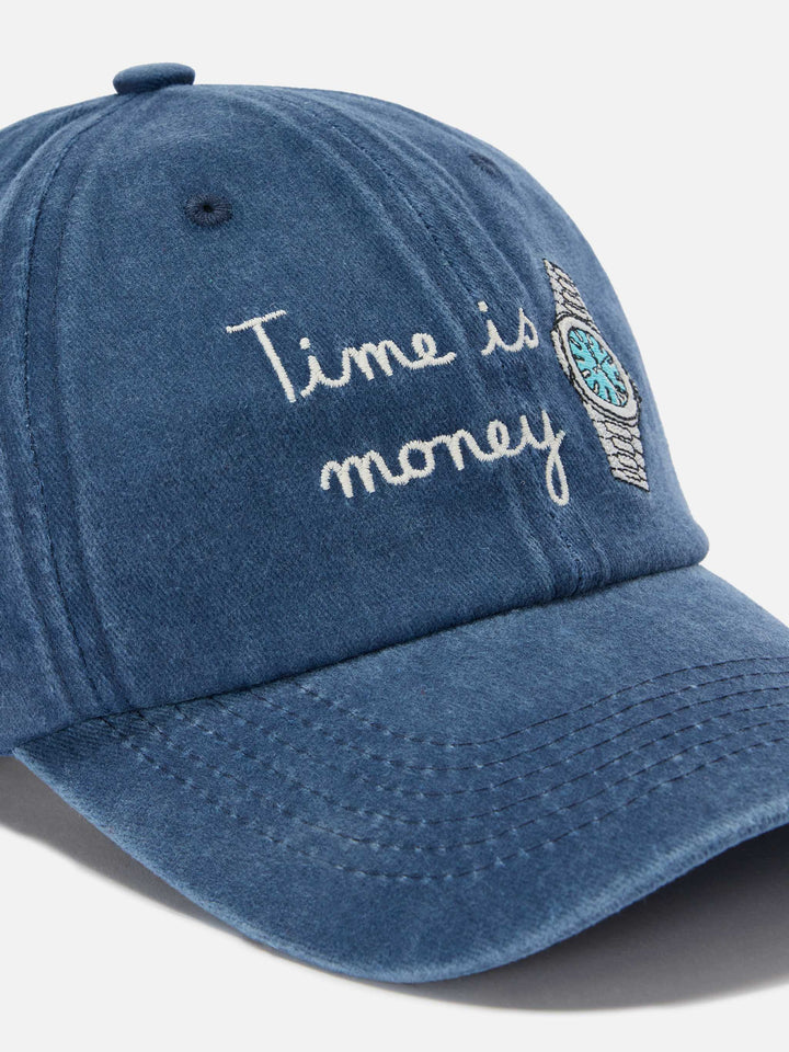 Cappellino Davis con visiera in cotone blu e ricamo Time is money