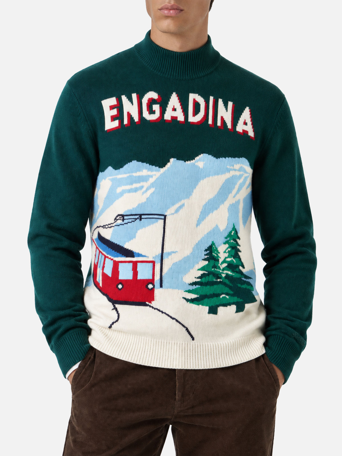 Maglia lupetto Davos verde con cartolina Engadina