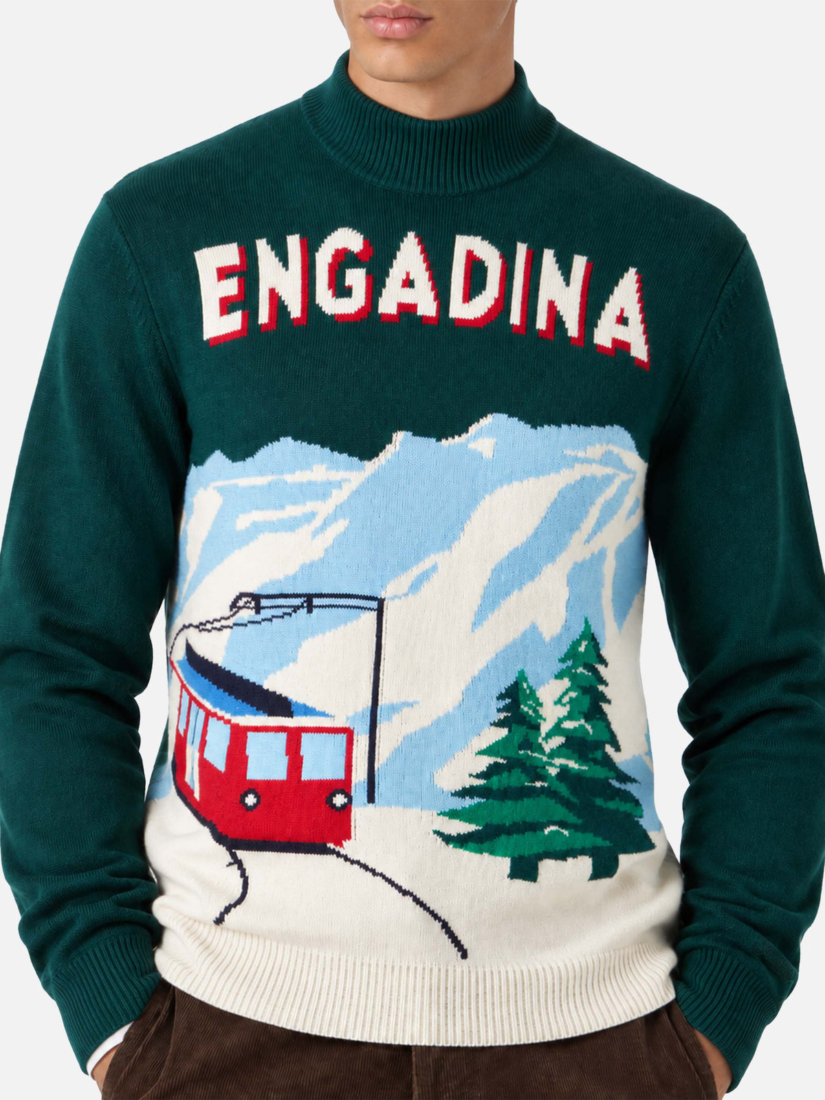Maglia lupetto Davos verde con cartolina Engadina