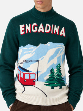 Maglia lupetto Davos verde con cartolina Engadina