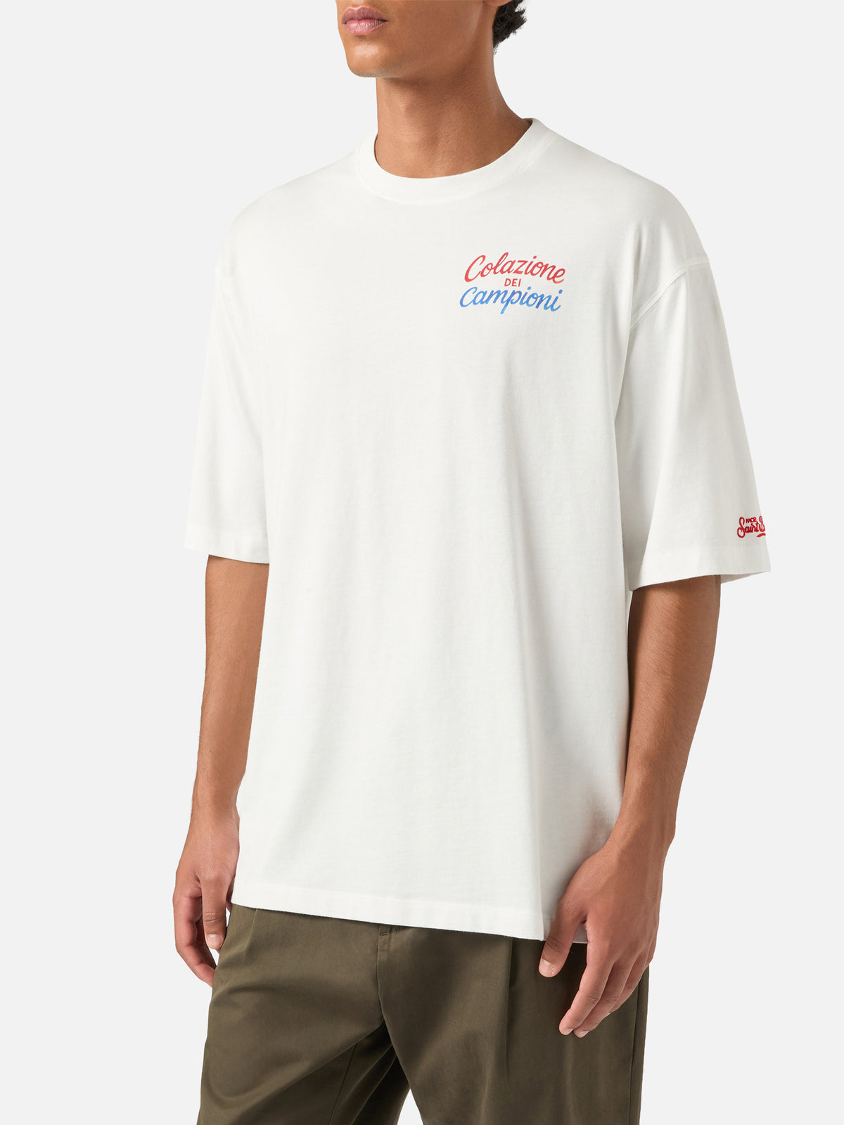 Weißes Oversize-T-Shirt aus Baumwolle Delmar mit Colazione Dei Campioni-Print auf der Rückseite 