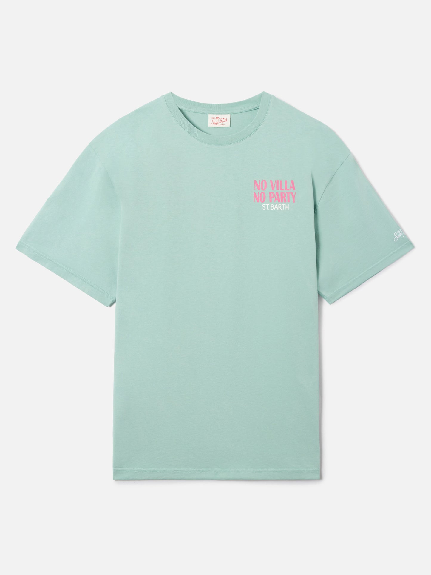 T-shirt Delmar verde con stampa No Villa No Party e maxi grafica sul retro