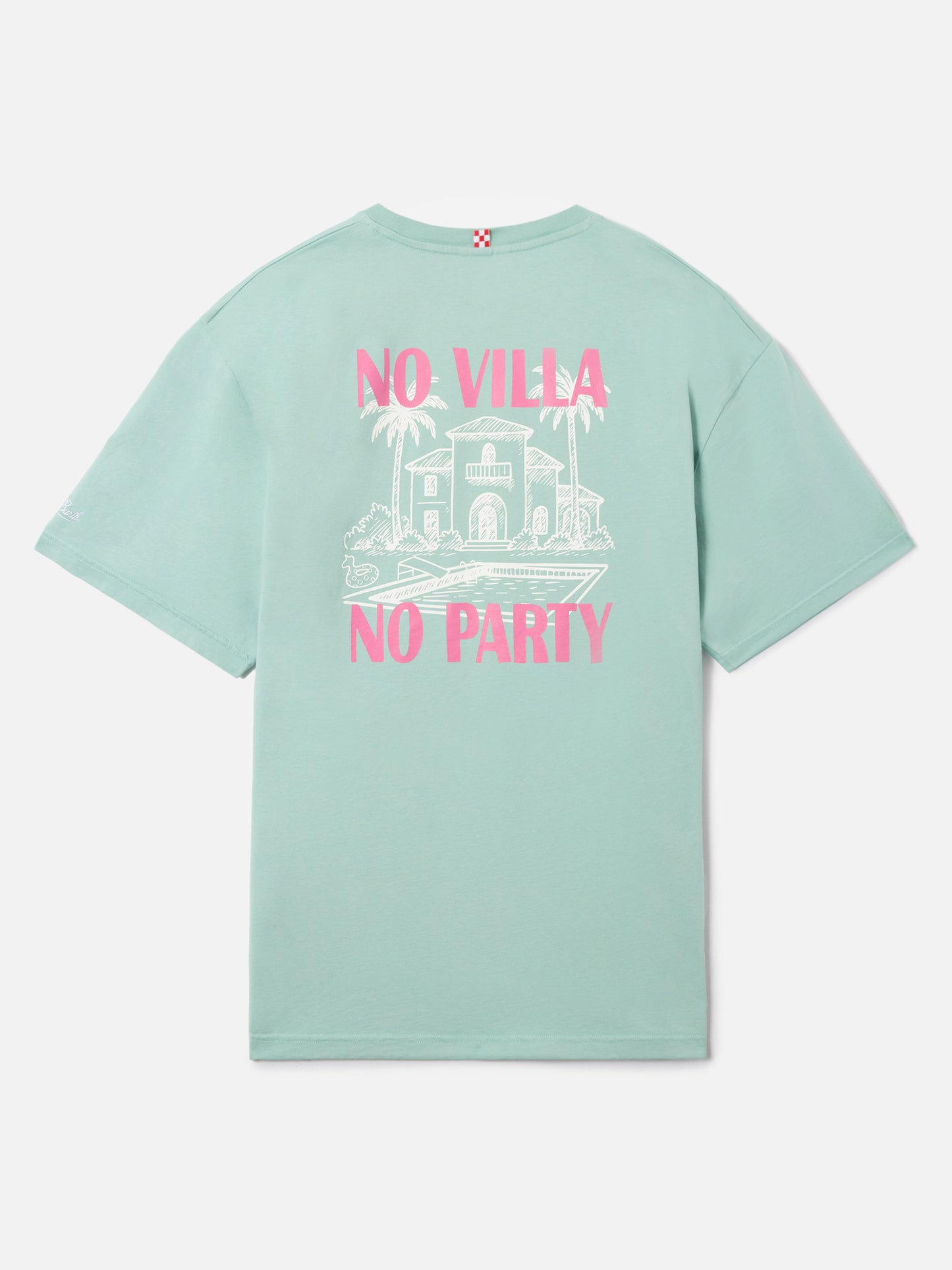 T-shirt Delmar verde con stampa No Villa No Party e maxi grafica sul retro
