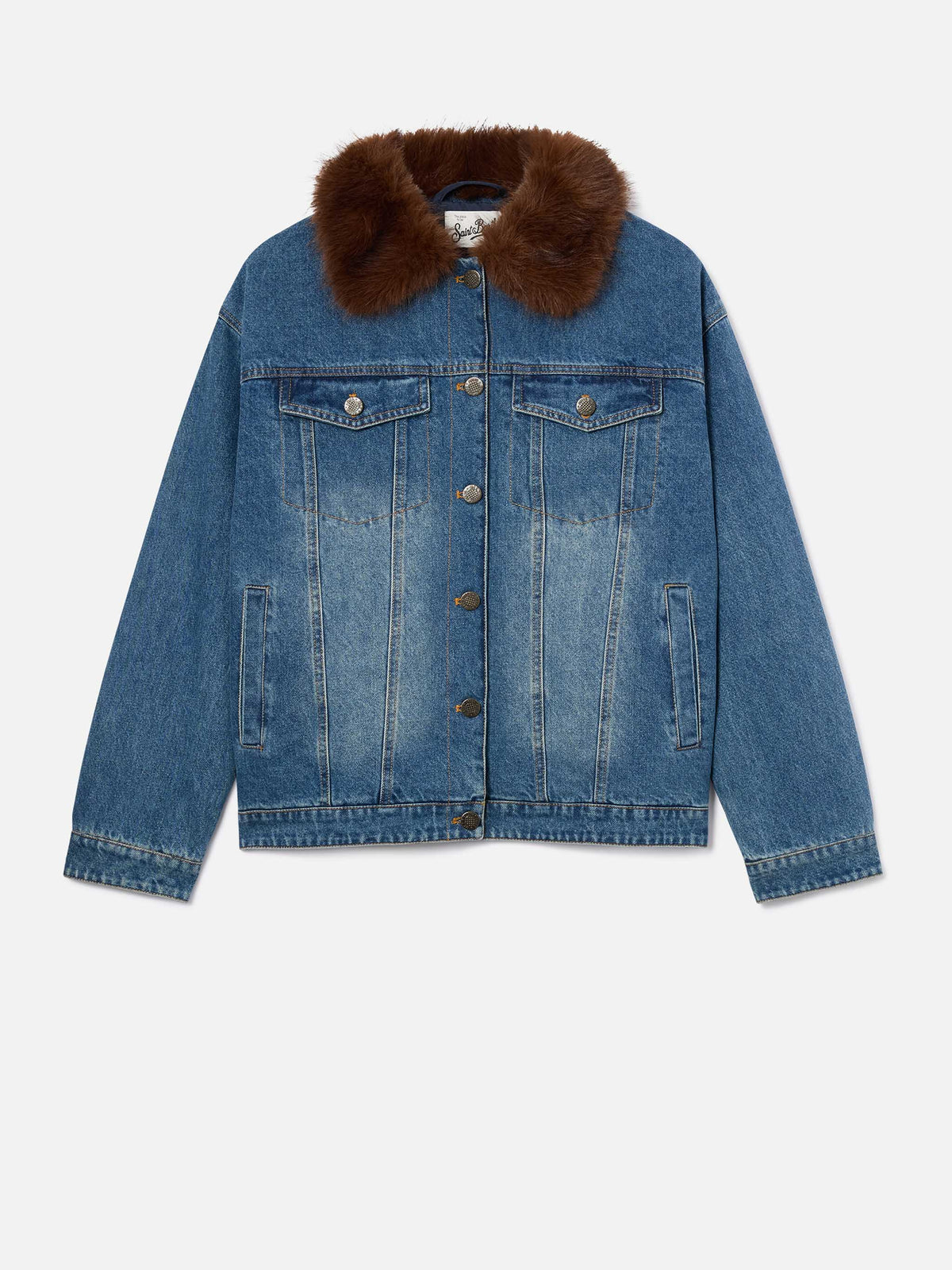Blue Veste en denim de coton Dailys avec col en fausse fourrure 