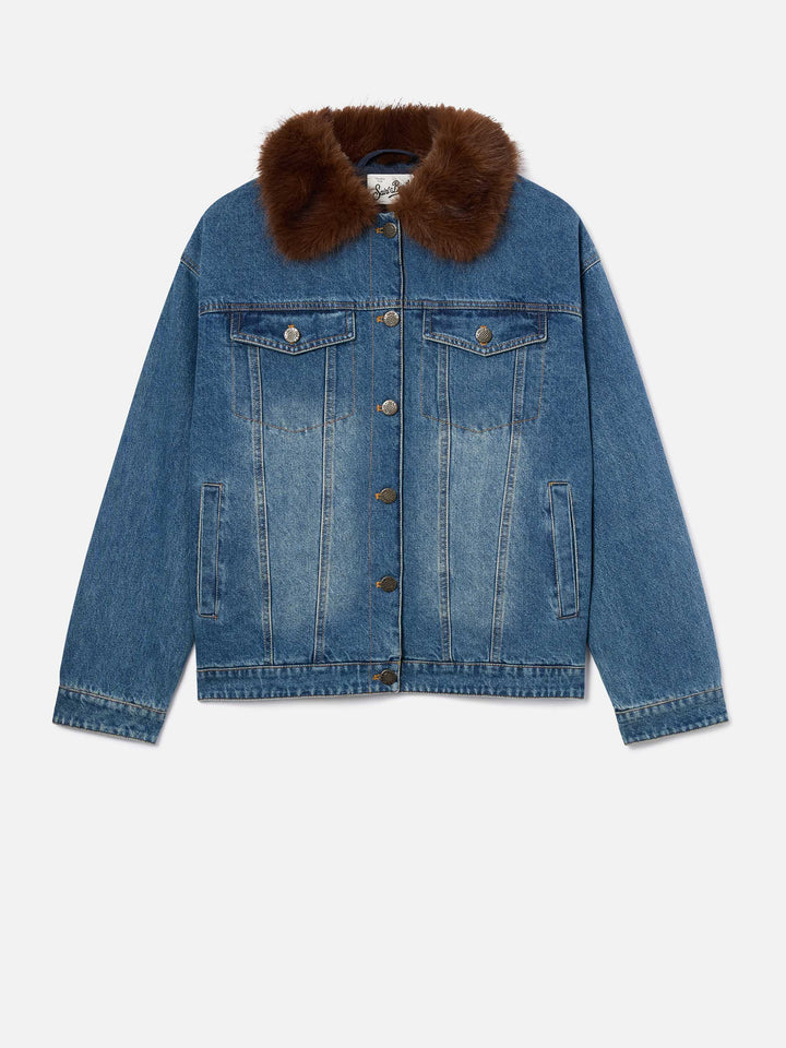 Blue Dailys Baumwoll-Denimjacke mit Kunstfellkragen 