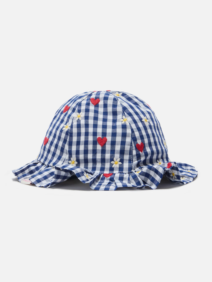 Cappellino da sole Doremi navy in cotone vichy con ricamo fiori e cuori