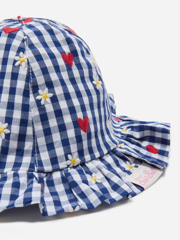 Cappellino da sole Doremi navy in cotone vichy con ricamo fiori e cuori