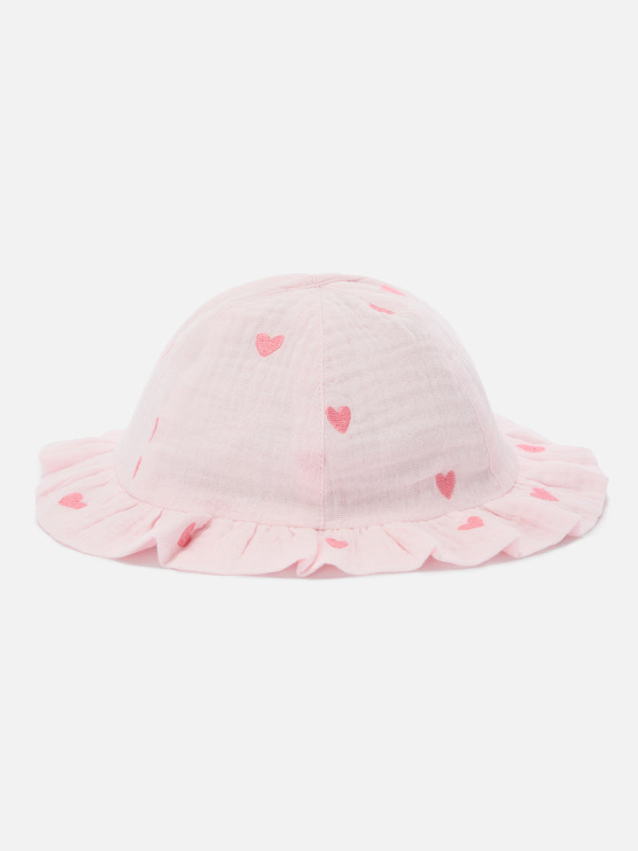 Cappellino da sole Doremi in mussola rosa con ricamo cuori