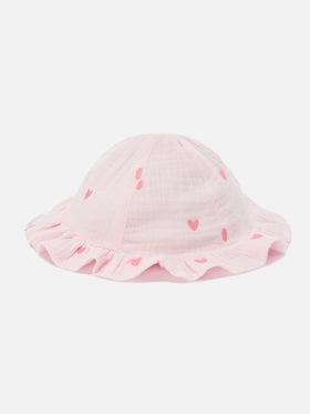 Cappellino da sole Doremi in mussola rosa con ricamo cuori