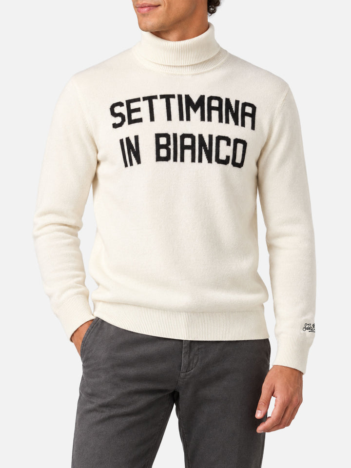 White turtleneck sweater with Settimana in Bianco jacquard