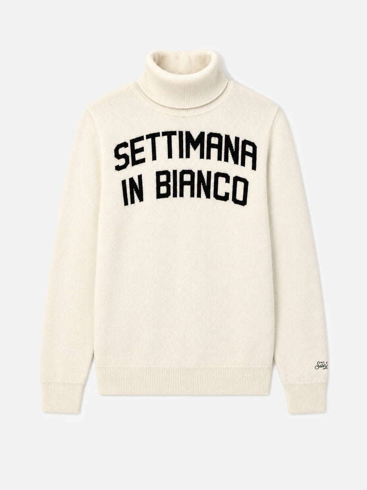 White turtleneck sweater with Settimana in Bianco jacquard