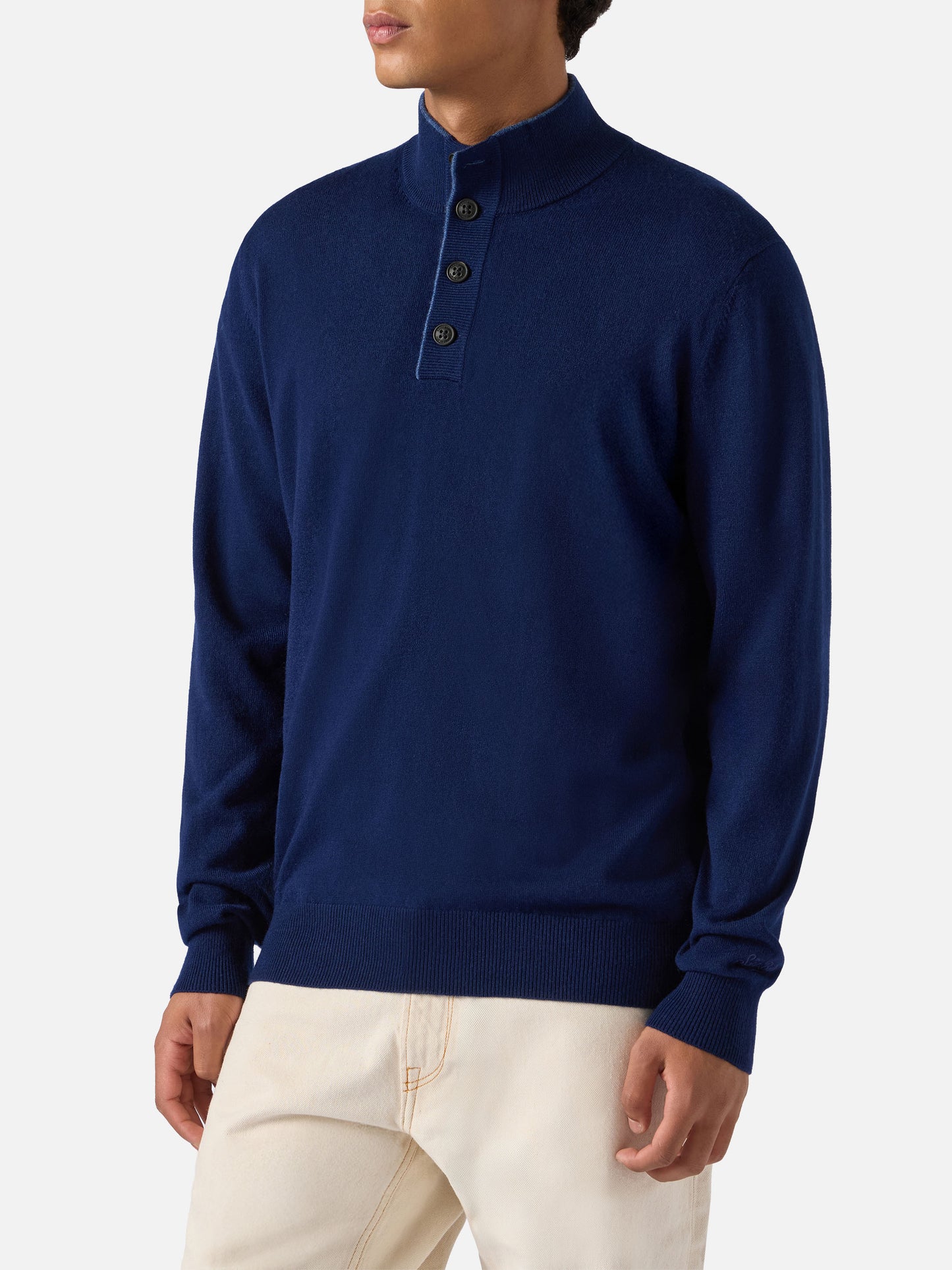 Maglione mezzocollo con zip in lana merino e cashmere blu navy