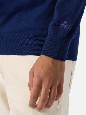 Maglione mezzocollo con zip in lana merino e cashmere blu navy