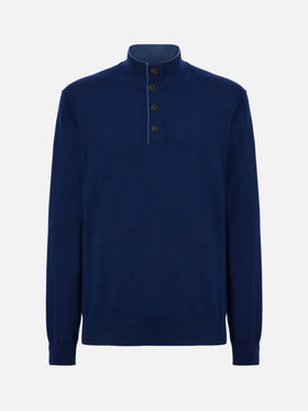 Maglione mezzocollo con zip in lana merino e cashmere blu navy