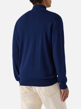 Maglione mezzocollo con zip in lana merino e cashmere blu navy