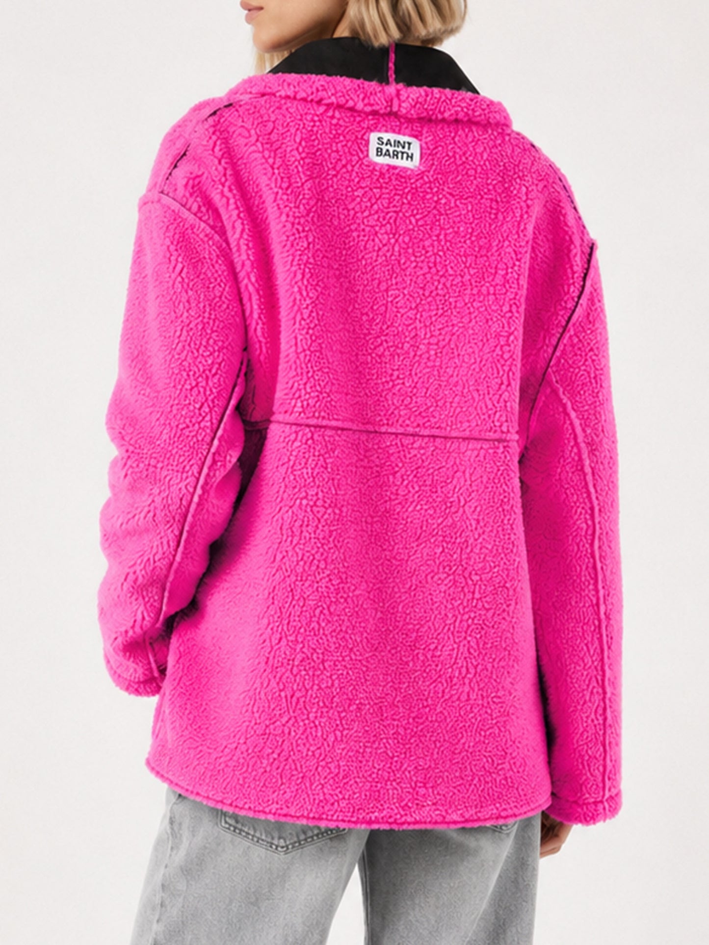 Cappotto Dorys in shearling reversibile nero e fucsia fluo