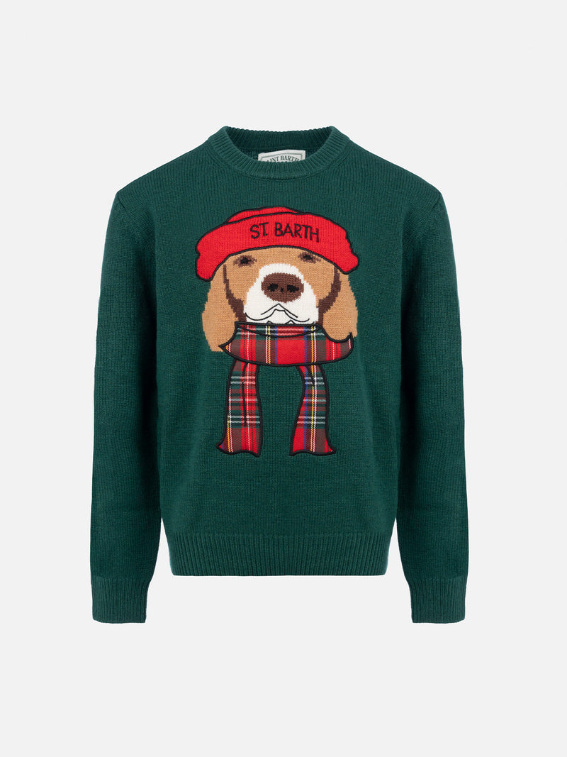 Maglione girocollo verde da bambino con sciarpa beagle Douglas